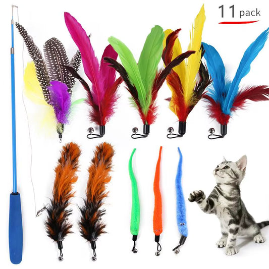 11-Piece Retractable Cat Feather Wand Set