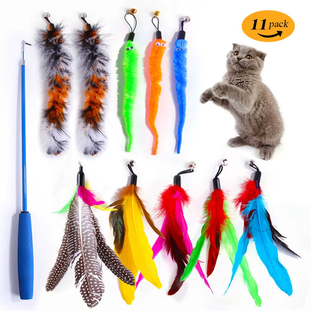 11-Piece Retractable Cat Feather Wand Set
